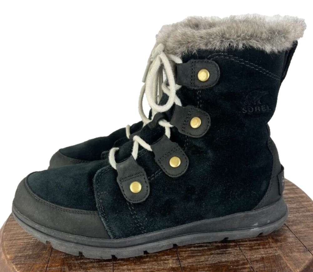 Sorel Winter Boots Womens 8.5 Explorer Joan Black Suede Ankle Lace Up Faux fur
